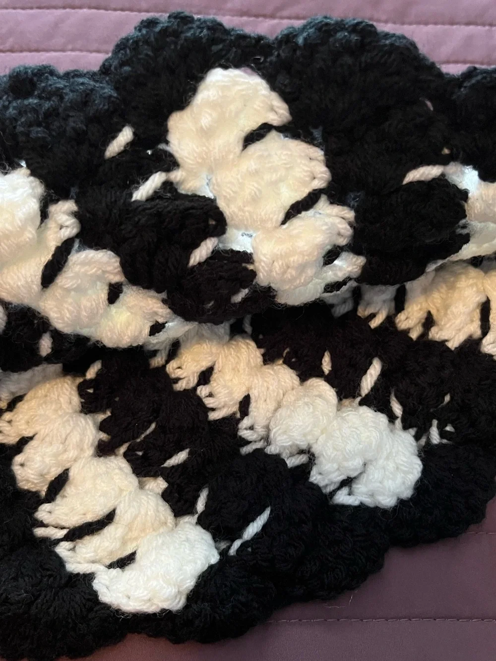 Handmade Black & White Crochet Beanie Adult XL Stretch Knit Hat Boho Cottagecore